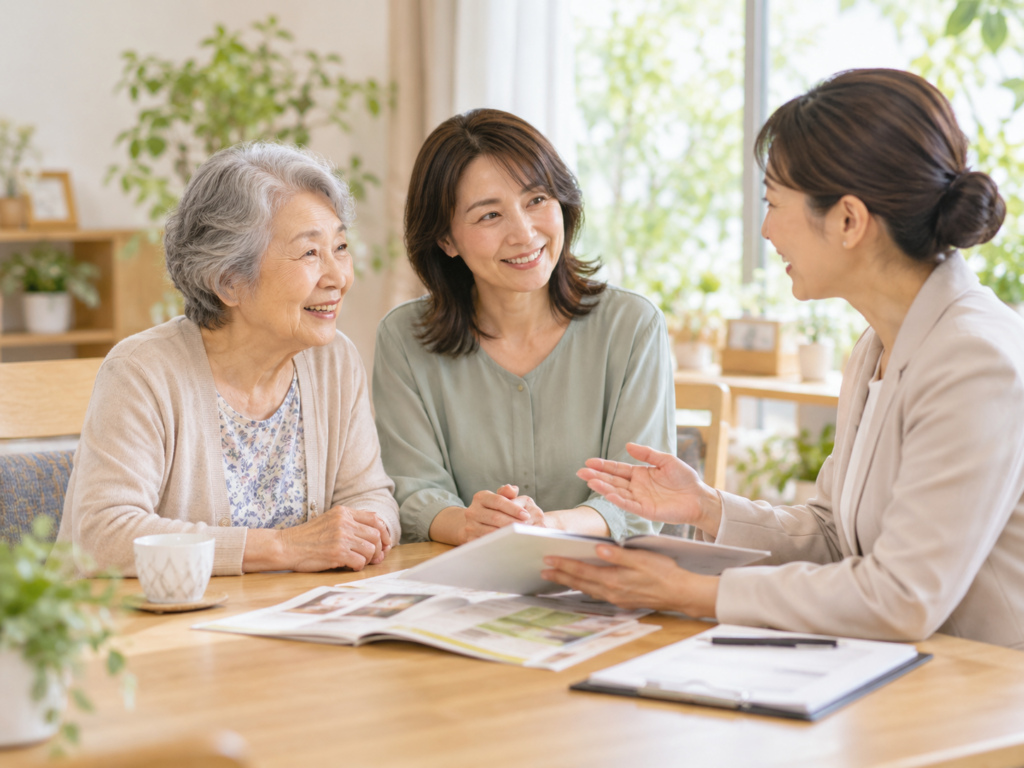 老人ホーム探しについて相談員が高齢のご本人とご家族に説明している様子