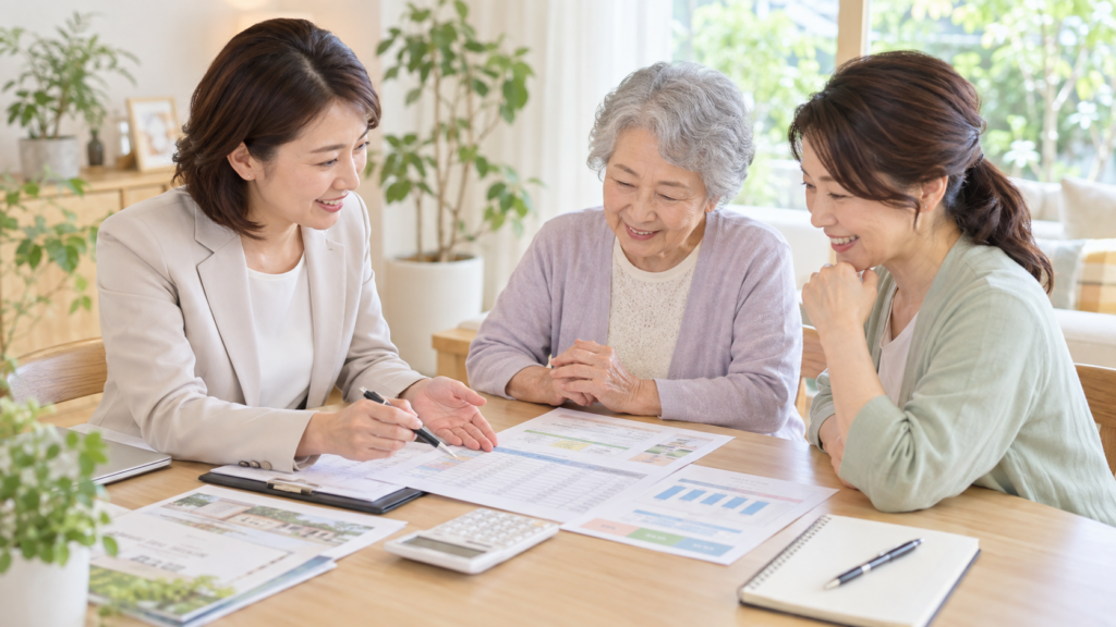 老人ホームの費用について相談員とご本人・ご家族が資料を見ながら話している様子