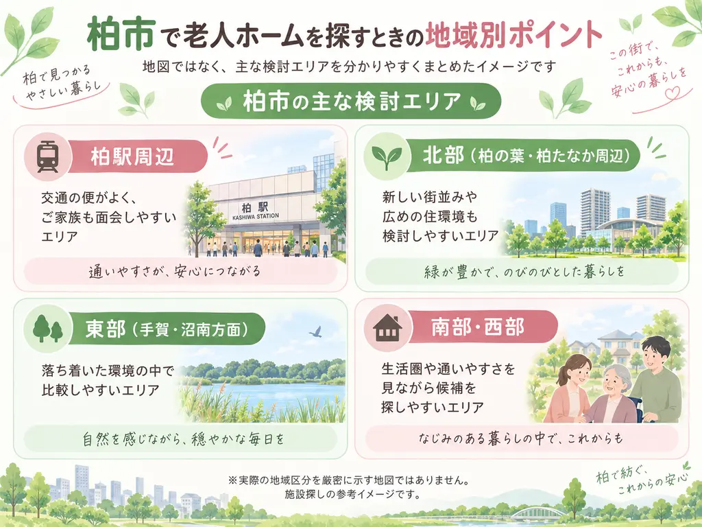 柏市で老人ホームを探す際の地域別ポイントをまとめた案内画像