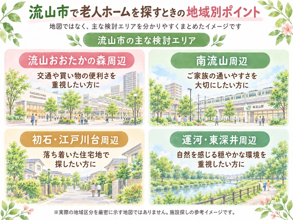 流山市で老人ホームを探す際の地域別ポイントをまとめた案内画像